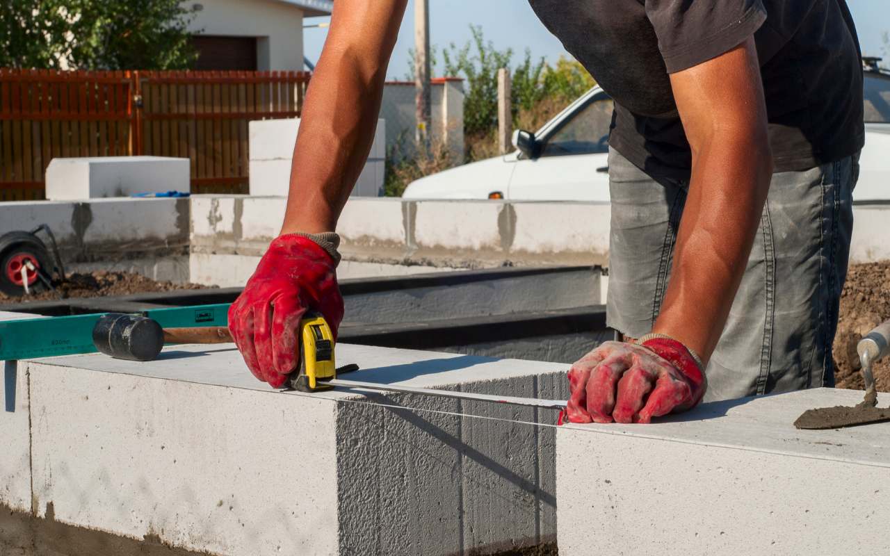 Masonry tools used by a professional on site