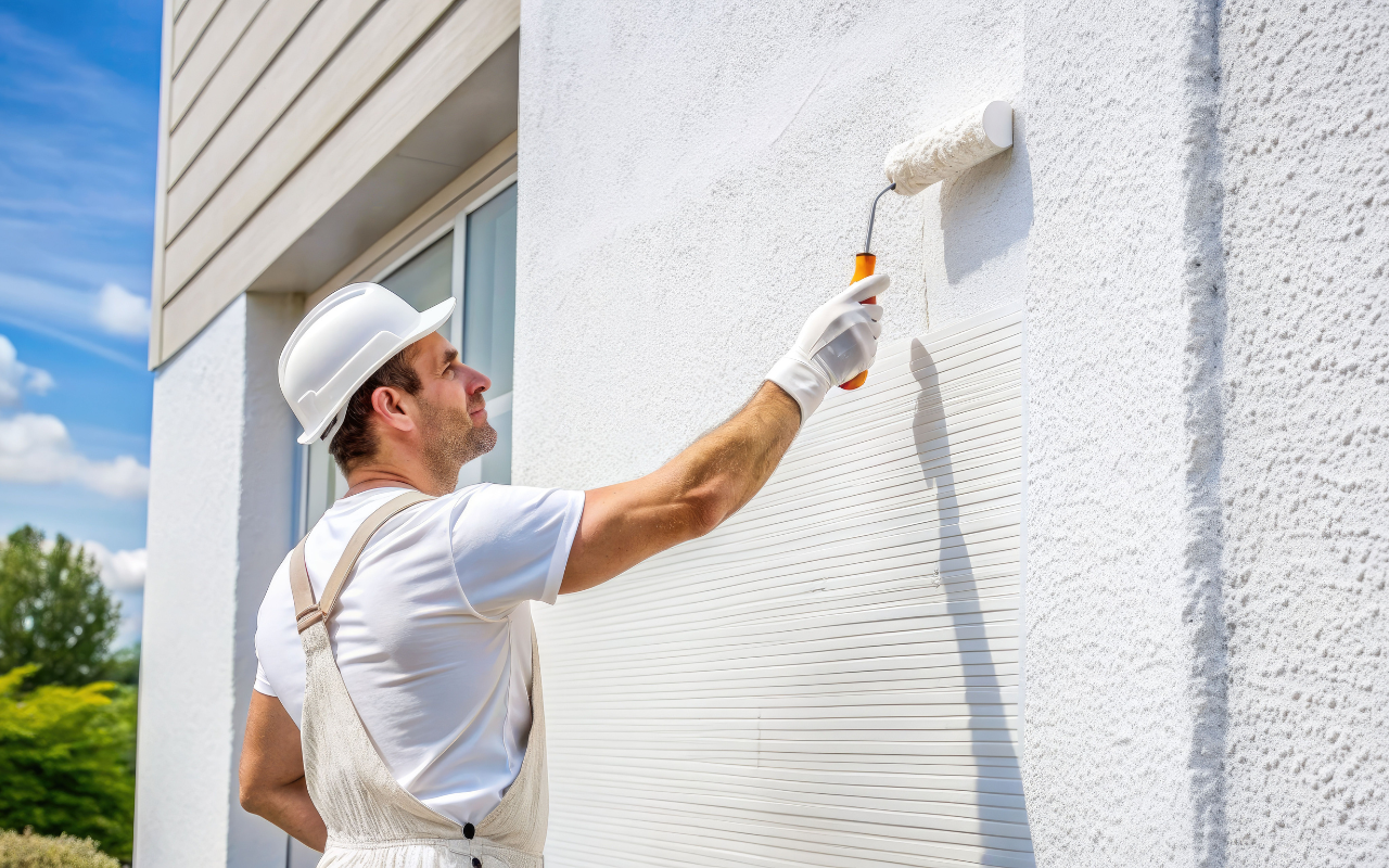 Painting a stucco exterior with even coats.